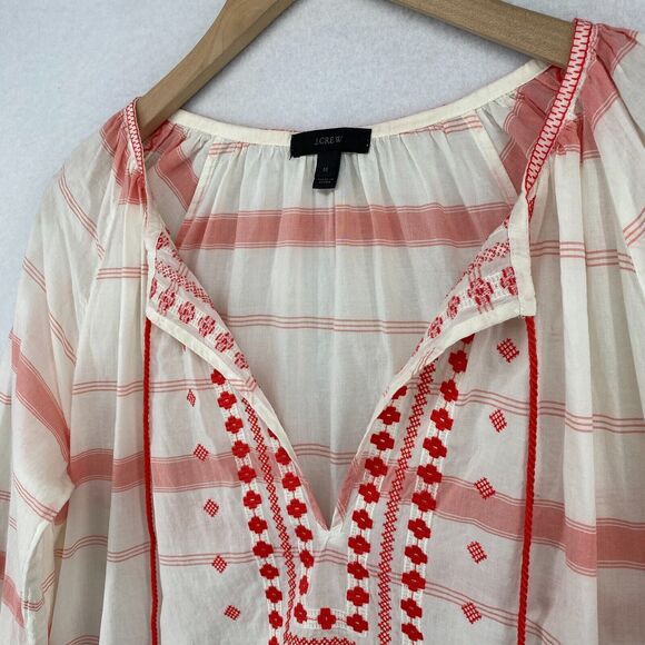 J.CREW Tunic M Boho Embroidered Tasseled Striped 3/4 Cover Up Cotton White Red - Picture 2 of 16